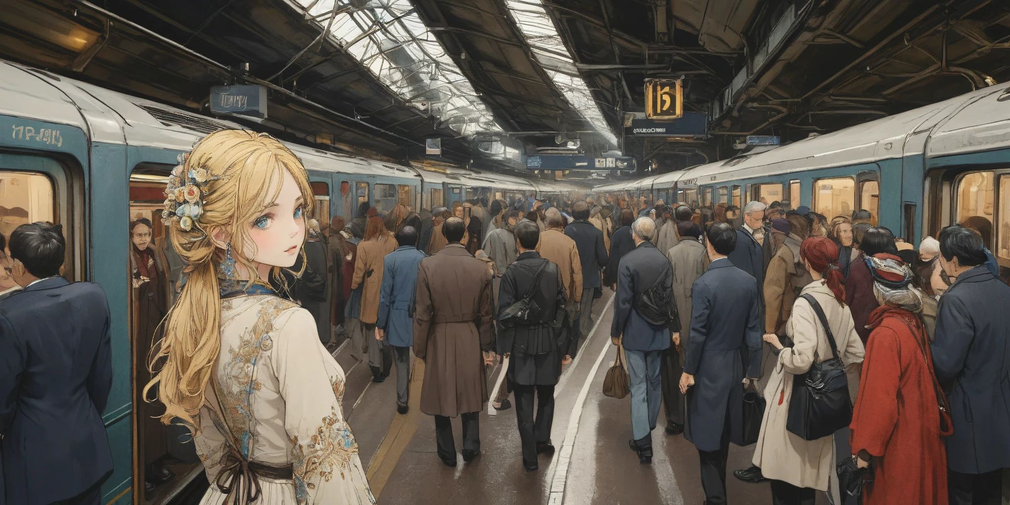 (very crowdy station:1.6),(Overcrowded crowds:1.2),people at party for the (New Year’s eve) (London station:1.3),solo,1girl\(cute, kawaii,small ,blonde hair with red dip-dye hair,long hair,blue eyes,big eyes,caucasoid,waiting for train,head phone,JK,beautiful new year dress,(looking away:1.2),boring\). BREAK .background\((train),(trainstation:1.3) of England,King's Cross Station,\),long shot,wide shot,from side. BREAK .quality\(8k,wallpaper of extremely detailed CG unit, high resolution, top-quality, top-quality real texture skin, hyper realistic, increase the resolution, RAW photos, best quality, highly detailed, the wallpaper, golden ratio, high saturation realism, vibrant colors, dramatic lighting, persuasive storytelling, atmospheric scenery, captivating visuals, intricate details, strong emotions, dreamlike world\),(landscape),focus on the train,from above