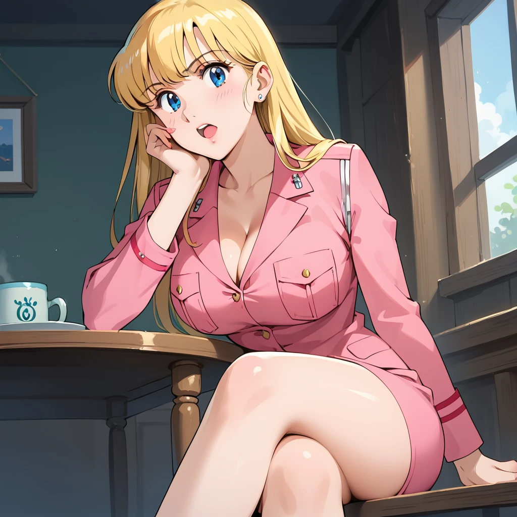 score_9,score_8_up,score_7_up,rating_explicit, source_anime,POV,1990s \(style\), BREAK r3iko,milf woman,exposed only hem of skirt,police pink suit ,blonde hair,middle hair, beautiful blue eyes, natural large breasts,cleavage, curvy, cowboy shot,little angry,sitting in front of fireplace in european house,head rest, documents scattered on table,open mouth,crossed legs,from below