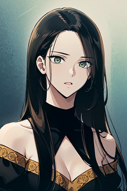 ((Masterpiece, high quality cg, anime, illustration, best quality, 1girl, beautiful face, detailed face, beautiful eyes, detailed eyes, highres, absurdres, solo, very long hair, green eyes, tall, looking at viewer, exprressionless, (black hair:1.4), strapless dress, belt, red magnificient dress, shoulders showing, adult, slender body, thin waist)).