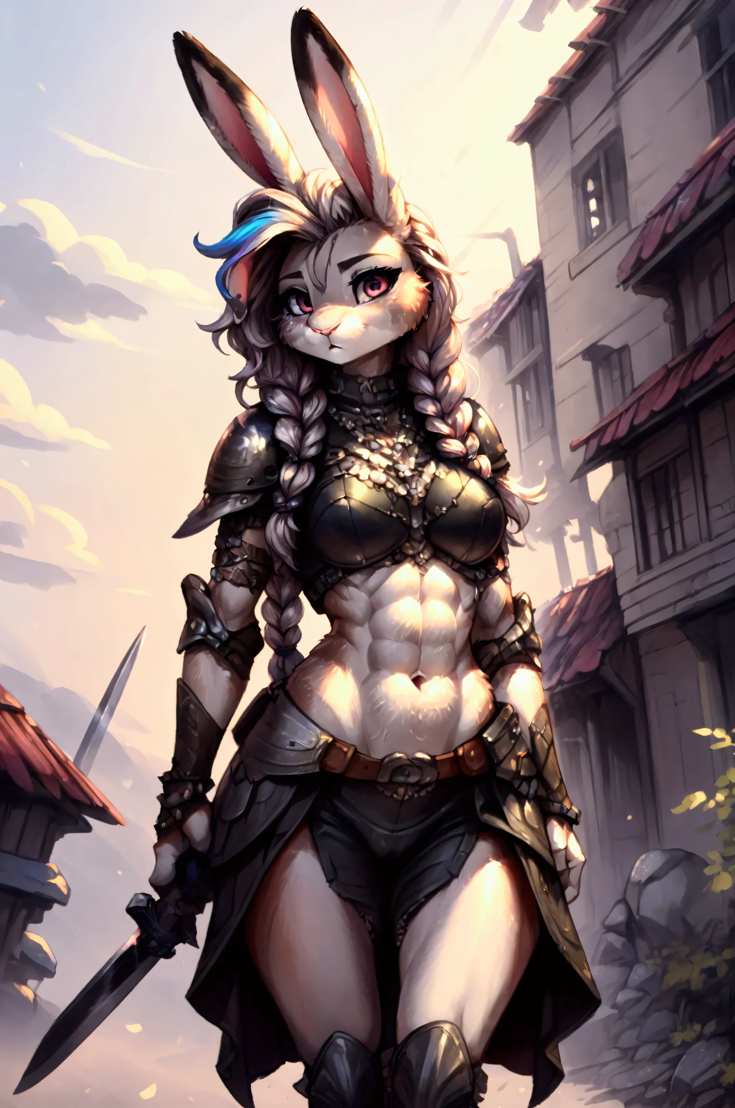 Anthropomorphic Rabbit, female, knight armor, braided punk hair, combat, equipped with a sword, vibrant colors, fantasy battlefield background, slim, well-toned abs, sexy, best quality, masterpiece, 4k
