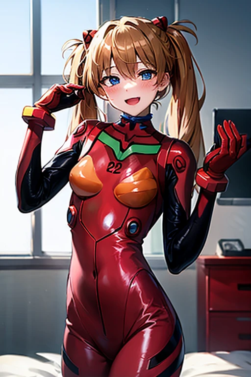 (( best quality)), ((masterpiece)), (be familiar with),  perfect face, indoor, bedroom,  viewer,
One woman,  Soryu Asuka Langley ,
 open mouth,  ecstatic expression with hands in front of body, blush, smile,
Small breasts,  flat chested, Young girl, Lori,  s,  girl,
 long hair,  twin tails,
Leg spread,