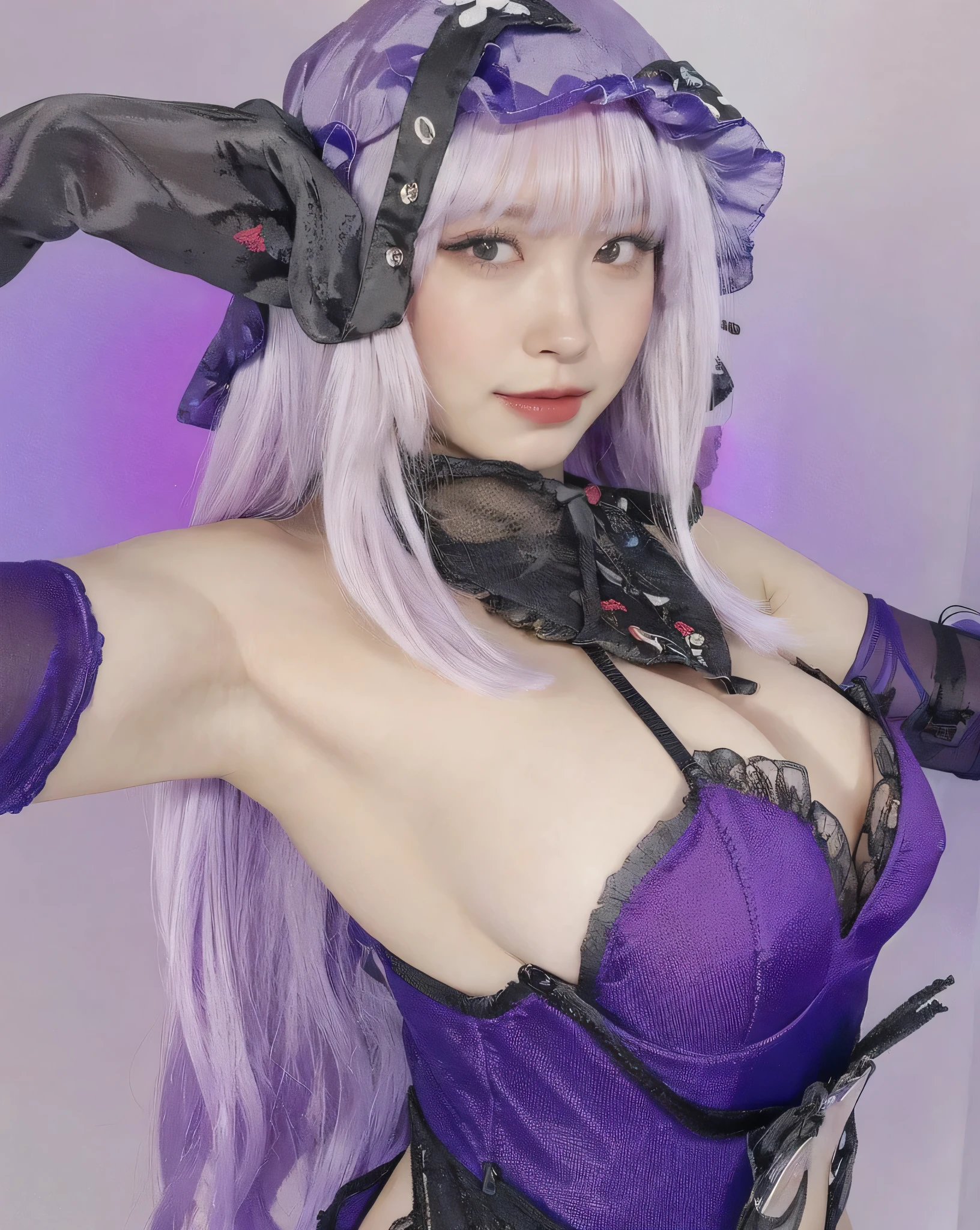 girl with white hair,with bangs, black gloves, purple clothes,4K, masterpiece, perfect body, stem,perfect eyes, a soft look,perfect shading, perfect lighting, best quality, work of art, ultra detailed, detailed clothing, with details on clothes
