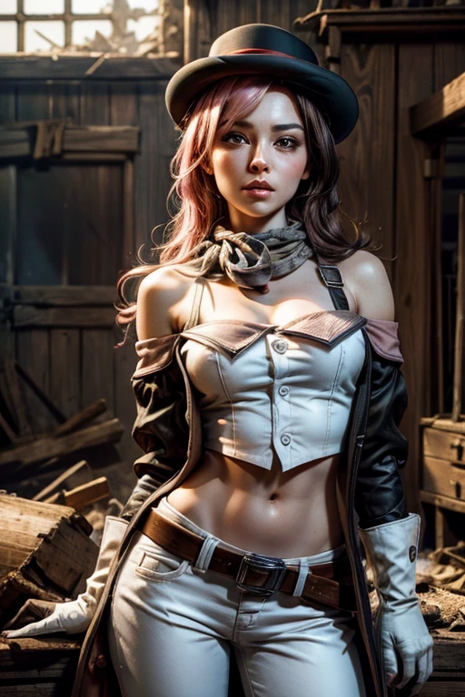 pink and brown hair, multicolored hair, neopolitanatlas, bowler hat, grey scarf, white gloves, white shirt, off-shoulder shirt, black sleeves, midriff, white belt, white pants, post apocalyptic scene, inside old cottage, debris, bonfire, standing near soldiers, crowd, cowboy shot, masterpiece, heart shaped face, elegant face, beautiful face, highly detailed face, highly detailed skin, skin pores, subsurface scattering, realistic pupils, looking at viewer, full lips, detailed background, depth of field, atmospheric perspective, volumetric lighting, sharp focus, absurdres, realistic proportions, good anatomy, (realistic, hyperrealistic:1.4), 16k hdr,