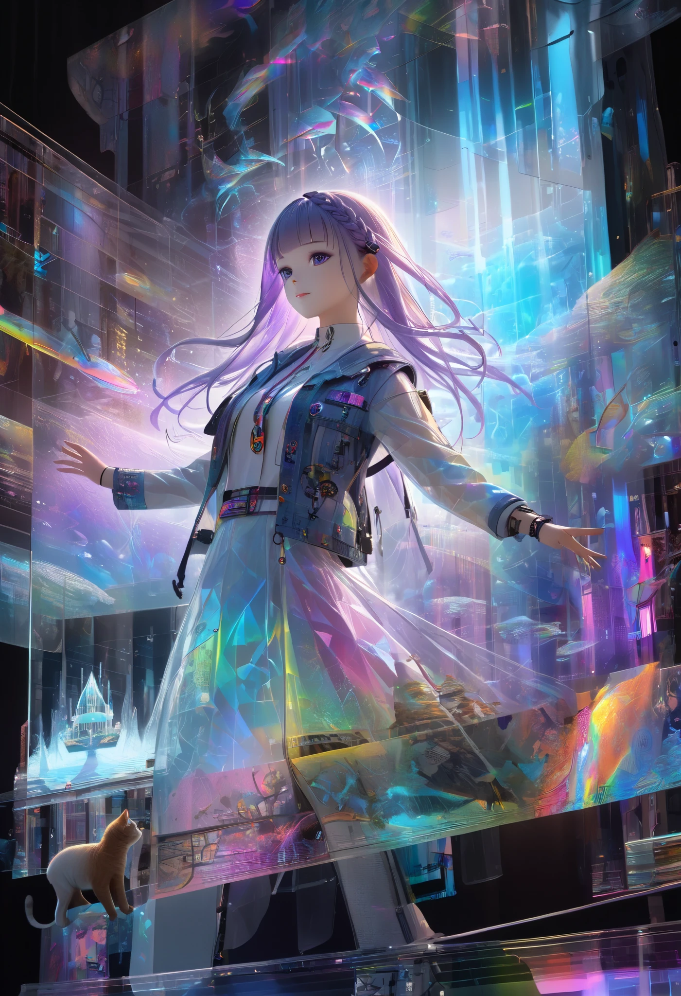 Full color, (transparency:2.0), 
break Ultra-realism, Detailed and realistic skin texture, Detailed and intricate texture, Detailed and intricate brushwork, Detailed and clear depiction, Transparent depiction, aesthetic, 
Girl with cat, DJ girl in a club, cyber punk, White and purple gradient braided long hair, Neon holographic transparent cat dancing like a human, break Neon Art Background, Cinematic lighting effects, Transparent light, Mysterious Light, Fantastic Fog, Cryptical, 
break (( Phantasmal iridescent , holographic)), (details and Transparent depiction, transparency:1.6), 