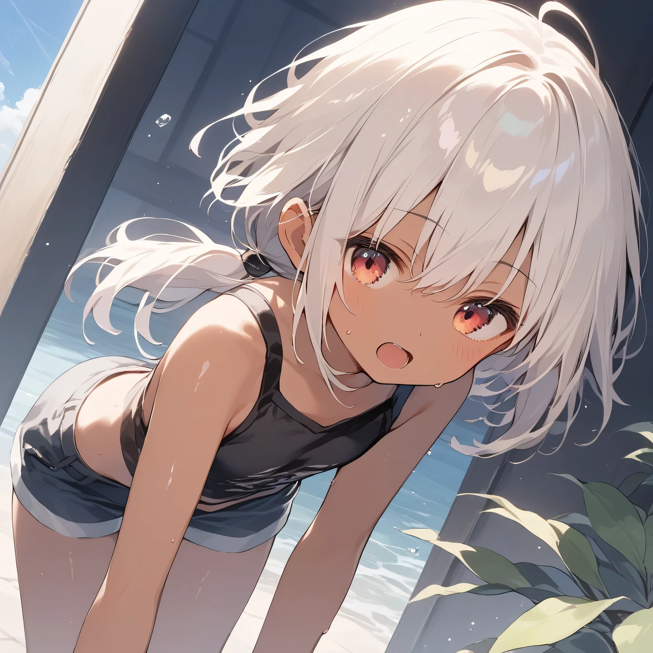 score_9, score_8_up, score_7_up, source_anime, best quality, masterpiece, official art, absurdres, highres, ultra-detailed,waifu2x,Collection: Slice of Life,break,1girl, tomboy, dark-skinned female, short hair, low ponytail, flat chest, beautiful detailed eyes, short shorts, sweat, open mouth, (yawn:0.3), sleepily, outdoors, wind, break,(clear line illustration:1.2),very high resolution, very aesthetic, super detailed skin, Best sexual lighting powered by famous artist, 8k,cute picture,beauty illustration,photoshop_(medium),,(Detailed Lighting),best anime 8k konachan wallpaper, pixiv contest winner,
