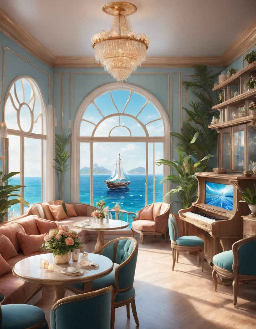  there is a room with lots of furniture and a large window,  relaxing concept art ,  cozy and peaceful atmosphere ,  Relaxing atmosphere ,  Relaxing atmosphere ,  Luxurious furnishings ,  cozy atmosphere, disney fantasy style , pleasant  cozy atmosphere,  dreamy atmosphere , , cozy cafe background,  cozy atmosphere ,  concept art amazing atmosphere ,  cozy atmosphere,  Magical atmosphere , on the ocean, летняя обстановка  realistic image, masterpiece,  artwork ,  hyperrealistic, rendering ,  realistic physical rendering ,  photorealistic rendering ,  highly detailed ,  high-quality render ,  architectural rendering ,  very realistic 3D render ,  realistic image,