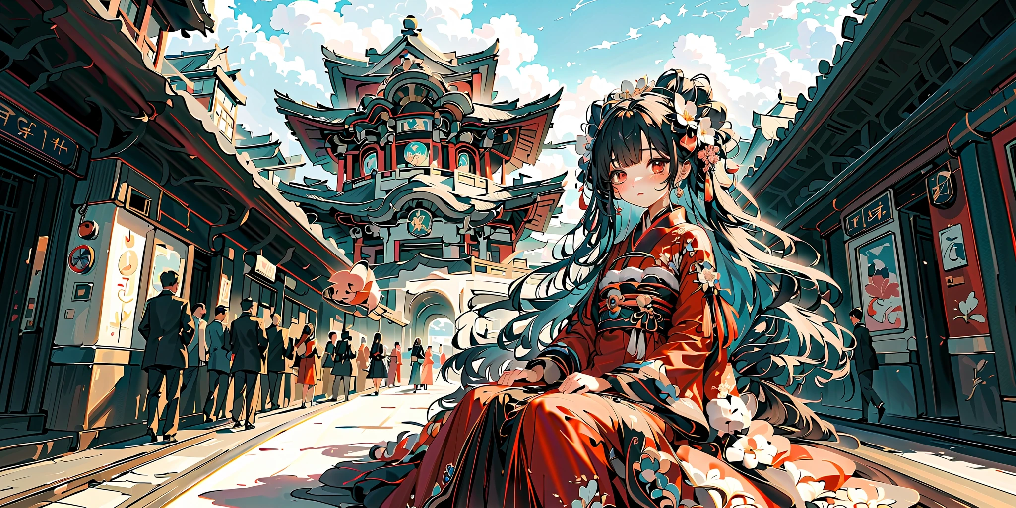 (very crowdy station:1.6),(Overcrowded crowds),(people wearing red dress for chinese New Year's Celebration),solo,1girl\(chinese,cute, kawaii,small ,black hair with blue dip-dye hair,pony tail hair,long hair,brown eyes,big eyes,sitting on a bench,waiting for train,head phone,JK,beautiful (chinese red dress:1.2),looking away,boring\). BREAK .background\((train:1.3),(trainstation:1.3) in the future,china\),long shot,wide shot,from side. BREAK .quality\(8k,wallpaper of extremely detailed CG unit, high resolution, top-quality, top-quality real texture skin, hyper realistic, increase the resolution, RAW photos, best quality, highly detailed, the wallpaper, golden ratio, high saturation realism, vibrant colors, dramatic lighting, persuasive storytelling, atmospheric scenery, captivating visuals, intricate details, strong emotions, dreamlike world\),landscape,focus on the train,from above