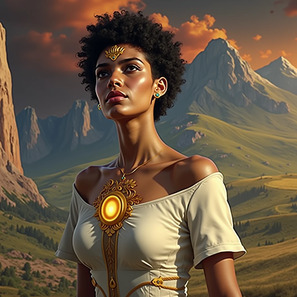 A beautiful African-American giantess princess, curvy and voluptuous figure, wearing tight-fitting fashionable clothes, thicc, detailed facial features, intricate dress design, fantasy landscape, dramatic lighting, cinematic composition, hyper-realistic, 8K, photorealistic, masterpiece