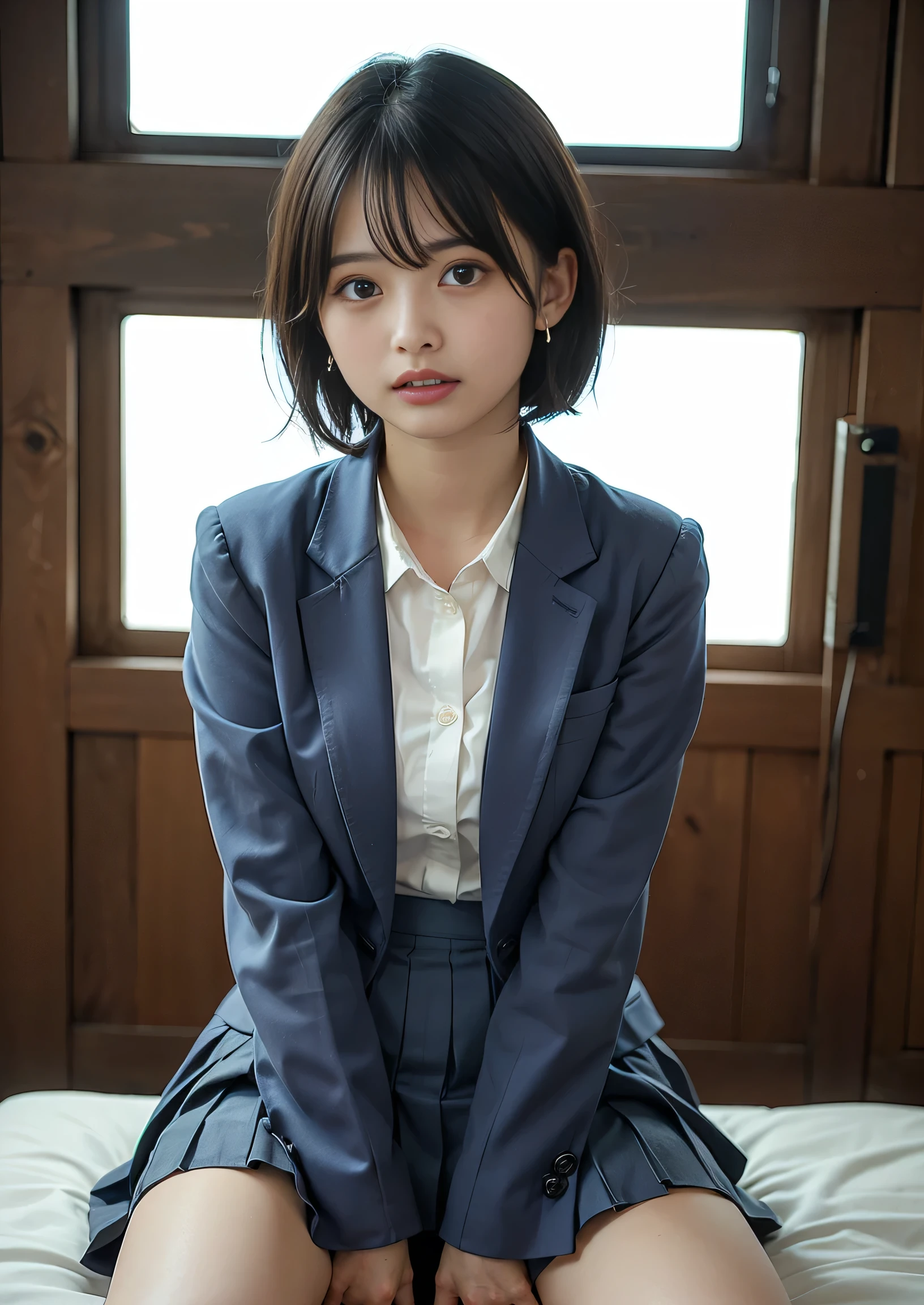 top-quality、Face Focus、softlight、(depth of fields)、超A high resolution、(Photorealsitic:1.4)、RAW Photography、(portlate:1.4)、(from the front side) 1 Japan girls、独奏、cute little、(full of shyness、a smile: 1.1)、(brown-eyed)、detailed beautiful faces、(short_hair)、Bedrooms、Sit up、(formal outfit:1.2)