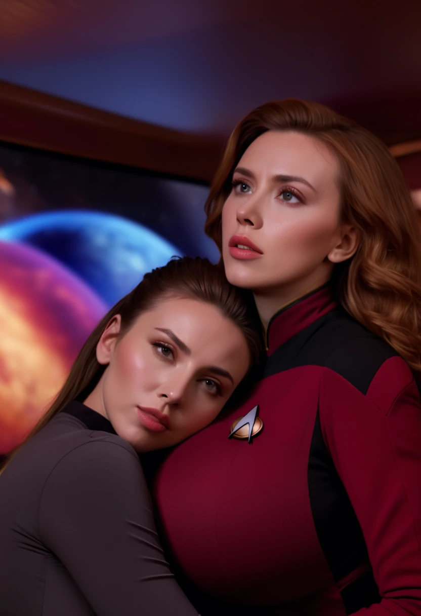 
A beautiful Scarlett Johansson with gigantic breasts in a red Starfleet uniform, and a loving embrace by a Beautiful woman, in the Captain's Quarters, photorealistic 8k, highly detailed, masterpiece, cinematic lighting, hyper-detailed, dramatic composition, vibrant colors, Star Trek the Next Generation, lesbian