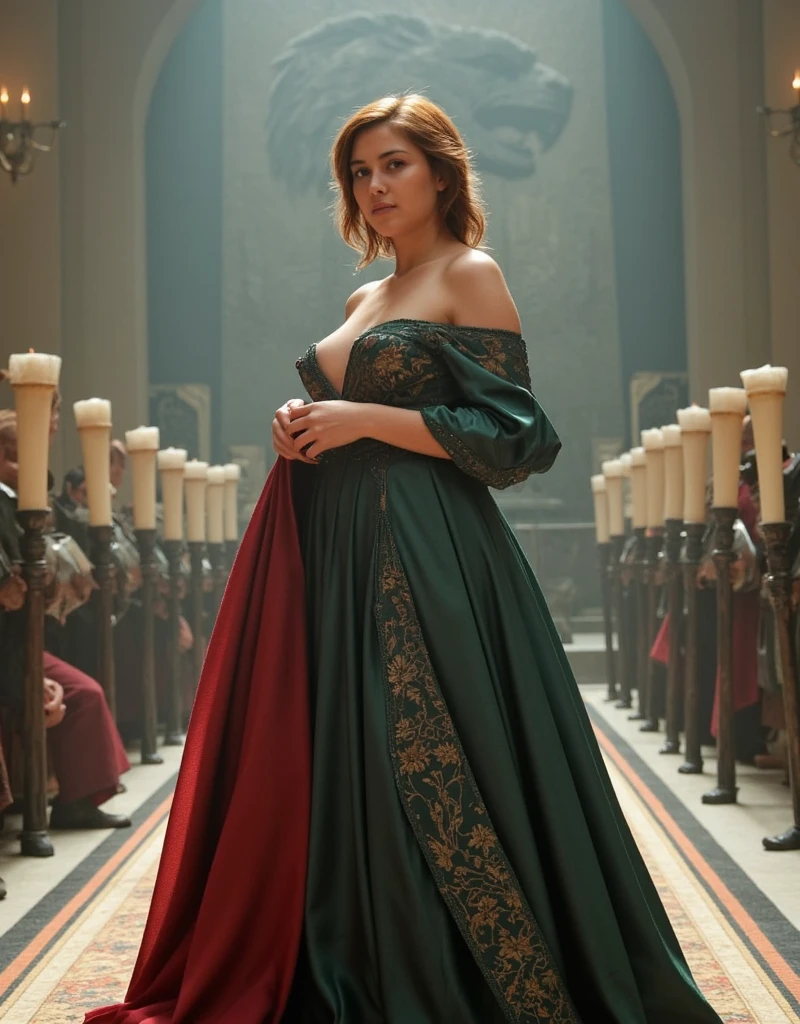 (fullbody shot:1.1): (long shot:1.1): (looks to viewer:1.1): generate landscape image, bright photo 1080P, beautiful XL-size woman 30-35 years 5.1ft with short dark red sort wavy hair her face is brightly lit, stands before the swords throne of Targaryen in bigges castle throne hall, wearing long dark green lace with rich embroidery off sholder nobile an ornate clothes deepest U-neckline biggest lush saggy abnormal breasts, armed with guards in knightly armor, carved in stone dragon face looking down at the queen behinde a throne, A beautiful Daenerys Targaryen aesthetic with short curly dark red hair, she is wearing dark green royal armor with a dark red nobile an ornate cloak, high leather boots, She is standing to the Iron Throne in a great throne hall, The walls are decorated with candles ,long camera shot from front the character, the light is directed at her face, her face is brightly lit, ((best qualityer)) , (detailded), Dazzling Visenya Targaryen, black dragon armor, Valerian steel Sword, Recreate various painters of the painter Caravaggio, best qualityer, Closed environment, day ambience, brightest light, stars in the sky, Masterpiece artwork, high resolution, 8k, hyper-realistic image, professional photo, PICTURE REALISTIC, full body view, front angle shot, best qualityer, Masterpiece artwork, high resolution, 8k, hyper-realistic image, professional photo, PICTURE REALISTIC, full body view, front angle shot
