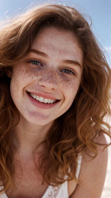close up portrait of a 13 years old fantasy girl servant, ugly, hideous, curly fuzzy long voluminous red hair, many freckles, medieval fantasy servant clothes, friendly wide smile, in a big medieval city, (backlighting), realistic, masterpiece, highest quality, lens flare, shade, bloom, [[chromatic aberration]], by Jeremy Lipking, by Antonio J. Manzanedo, digital painting
