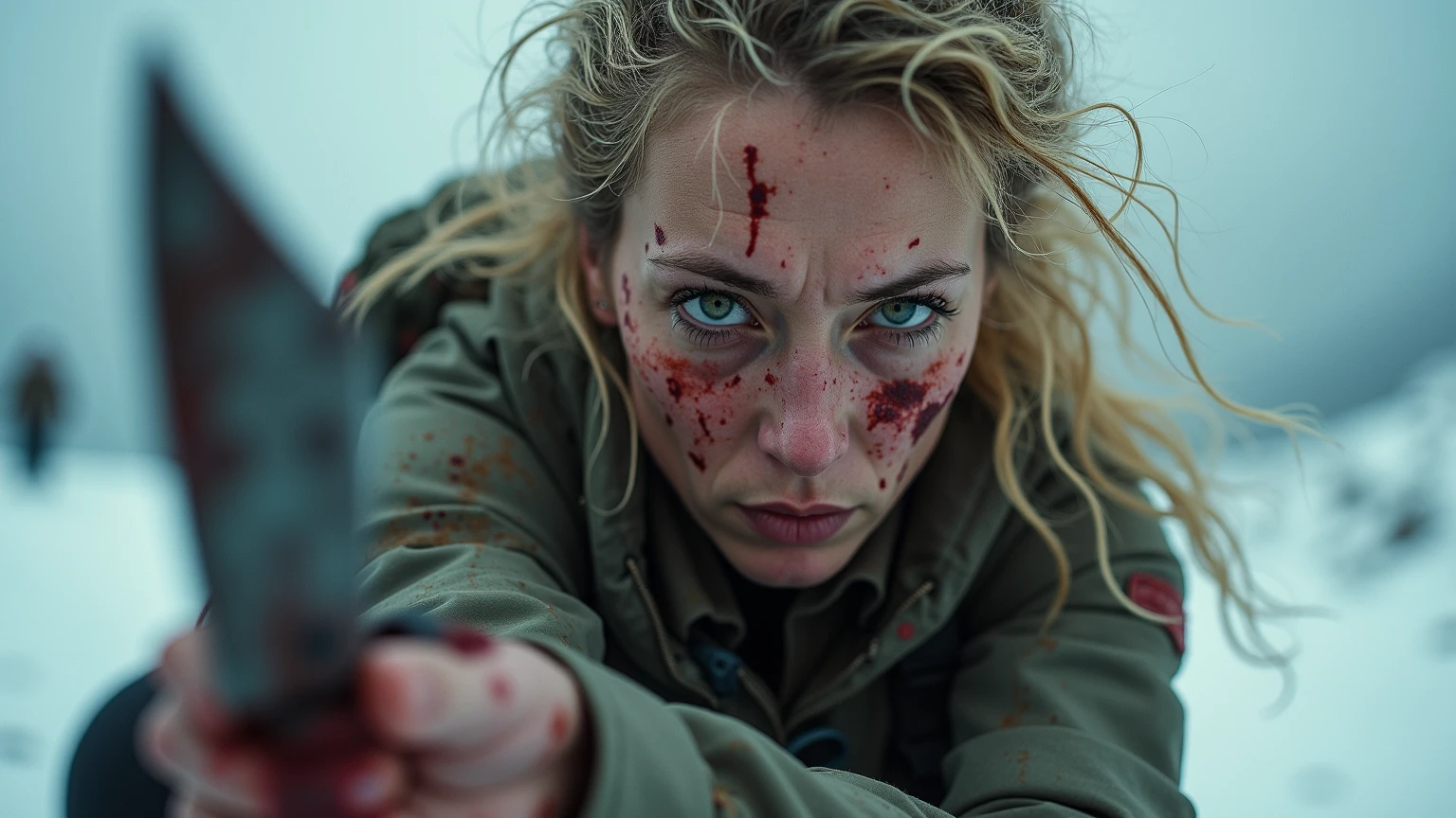 brutal style, masterpiece, best quality, 8k, artstation, sharp focus, ultrarealistic, high details, raw photo of angry beautiful woman inside secret underground biohazard lab (slaughtered by group of infected babushkas:1.3), (medium shot), ((backround defocused)):1.7, (((depth of field))):1.8, warm ambient lighting