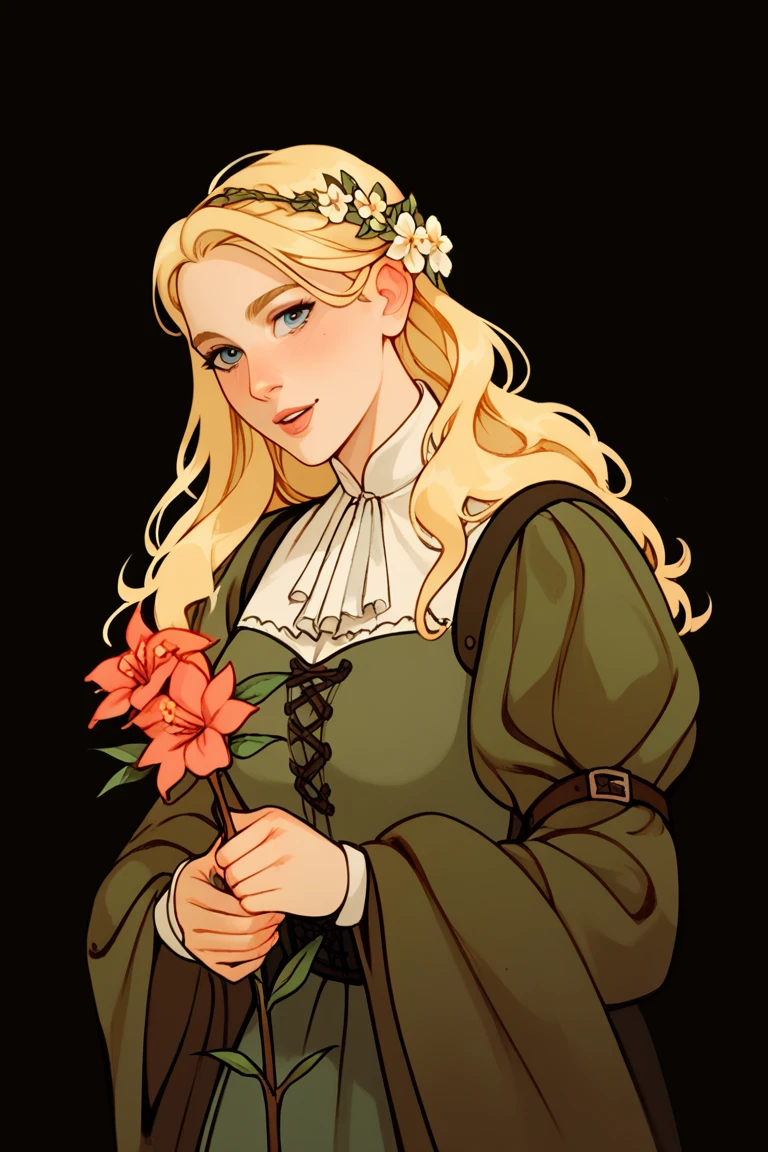 score_9, score_8_up, score_7_up, score_6_up, score_5_up, score_4_up, woman, medieval clothing, long blonde hair, holding a flower, illustration