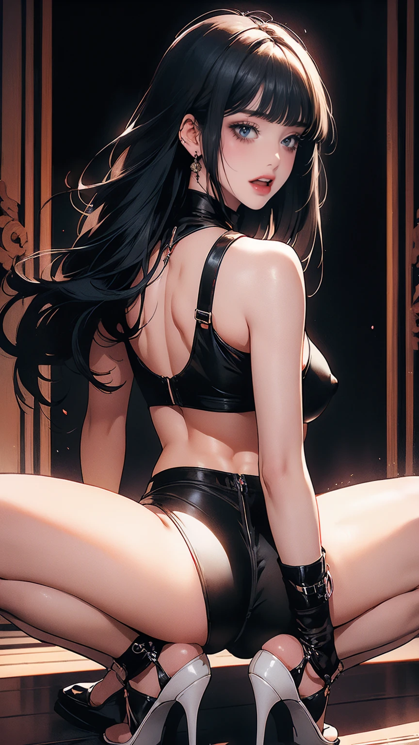 ( best quality:1.2)、(masterpiece:1.2), ( Max Image:1.2), ((smile:1.3)), (Nipples, belly button), (from behind:1.3),  see-through clothes , (( T-back :1.3)), ( black hair straight long hair:1.3), (crotch grab:1.2), (urethra:1.2), ((squat、 open legs:1.2)), ( Long Thin Legs , shoes:1.2), (Juheedef, black hair, grey eyes), (ahegao), (Sensual face:1.3), (( open her mouth :1.2)), ( drool ), The whole face becomes red,  big, rich breasts , (Blunt Bangs:1.2),  side bust 、 underbust pose、Walk through a simple mansion&#39;corridor、 Play、 simple background