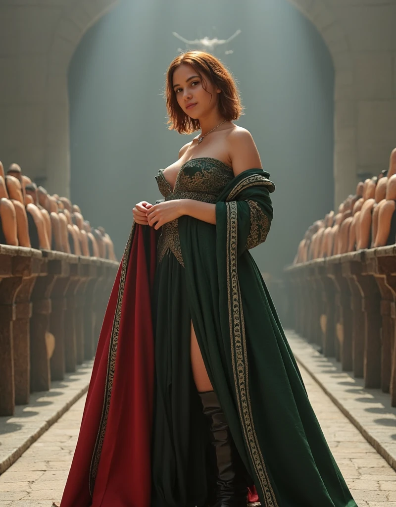 (fullbody shot:1.1): (long shot:1.1): (looks to viewer:1.1): generate landscape image, bright photo 1080P, beautiful XL-size woman 30-35 years 5.1ft with short dark red sort wavy hair her face is brightly lit, stands before the swords throne of Targaryen in bigges castle throne hall, wearing long dark green lace with rich embroidery off sholder nobile an ornate clothes deepest U-neckline biggest lush saggy abnormal breasts, armed with guards in knightly armor, carved in stone dragon face looking down at the queen behinde a throne, A beautiful Daenerys Targaryen aesthetic with short curly dark red hair, she is wearing dark green royal armor with a dark red nobile an ornate cloak, high leather boots, She is standing to the Iron Throne in a great throne hall, The walls are decorated with candles ,long camera shot from front the character, the light is directed at her face, her face is brightly lit, ((best qualityer)) , (detailded), Dazzling Visenya Targaryen, black dragon armor, Valerian steel Sword, Recreate various painters of the painter Caravaggio, best qualityer, Closed environment, day ambience, brightest light, stars in the sky, Masterpiece artwork, high resolution, 8k, hyper-realistic image, professional photo, PICTURE REALISTIC, full body view, front angle shot, best qualityer, Masterpiece artwork, high resolution, 8k, hyper-realistic image, professional photo, PICTURE REALISTIC, full body view, front angle shot
