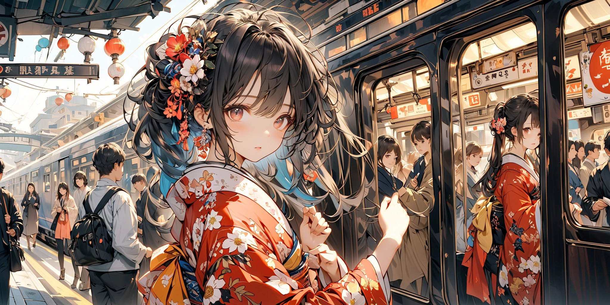 (very crowdy station:1.6),(Overcrowded crowds:1.3),(people wearing kimono for New Year's Celebration),solo,1girl\(cute, kawaii,small ,black hair with blue dip-dye hair,pony tail hair,long hair,brown eyes,big eyes,waiting for train,head phone,JK,beautiful kimono,looking away,boring\). BREAK .background\((train),(trainstation:1.3) in the future,\),long shot,wide shot,from side. BREAK .quality\(8k,wallpaper of extremely detailed CG unit, high resolution, top-quality, top-quality real texture skin, hyper realistic, increase the resolution, RAW photos, best quality, highly detailed, the wallpaper, golden ratio, high saturation realism, vibrant colors, dramatic lighting, persuasive storytelling, atmospheric scenery, captivating visuals, intricate details, strong emotions, dreamlike world\),landscape,focus on the trainstation