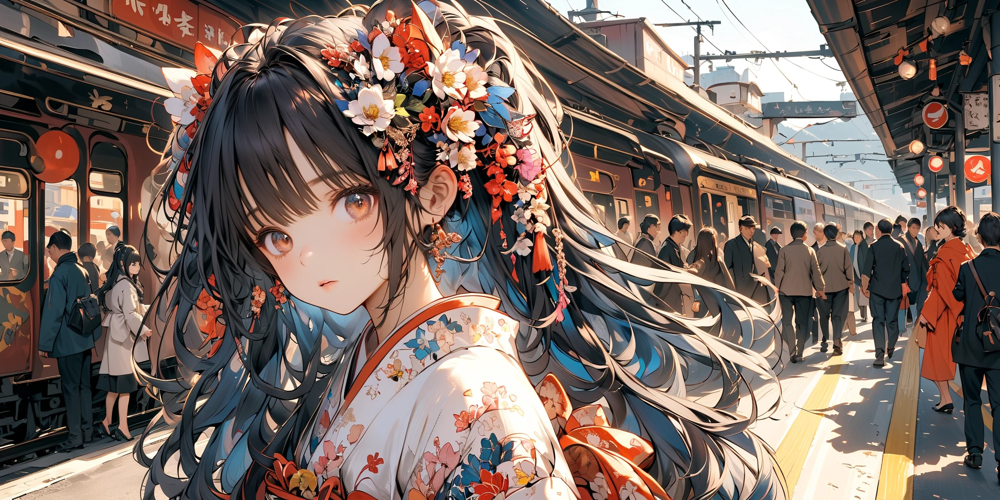 (very crowdy station:1.6),(Overcrowded crowds:1.3),(people wearing kimono for New Year's Celebration),solo,1girl\(cute, kawaii,small ,black hair with blue dip-dye hair,pony tail hair,long hair,brown eyes,big eyes,waiting for train,head phone,JK,beautiful kimono,looking away,boring\). BREAK .background\((train),(trainstation:1.3) in the future,\),long shot,wide shot,from side. BREAK .quality\(8k,wallpaper of extremely detailed CG unit, high resolution, top-quality, top-quality real texture skin, hyper realistic, increase the resolution, RAW photos, best quality, highly detailed, the wallpaper, golden ratio, high saturation realism, vibrant colors, dramatic lighting, persuasive storytelling, atmospheric scenery, captivating visuals, intricate details, strong emotions, dreamlike world\),landscape,focus on the trainstation