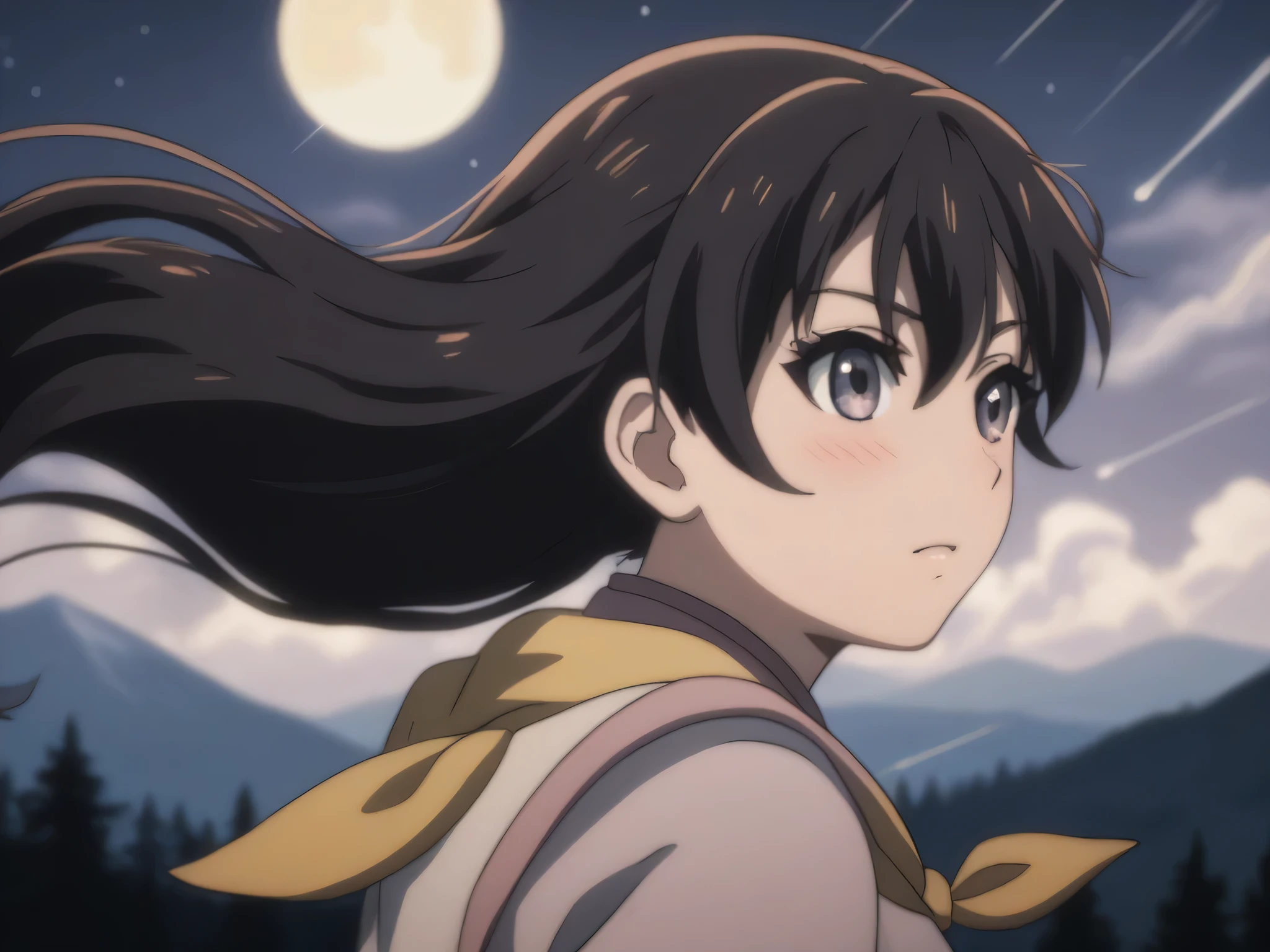 Anime girl with long hair and a scarf looking at the sky - SeaArt AI