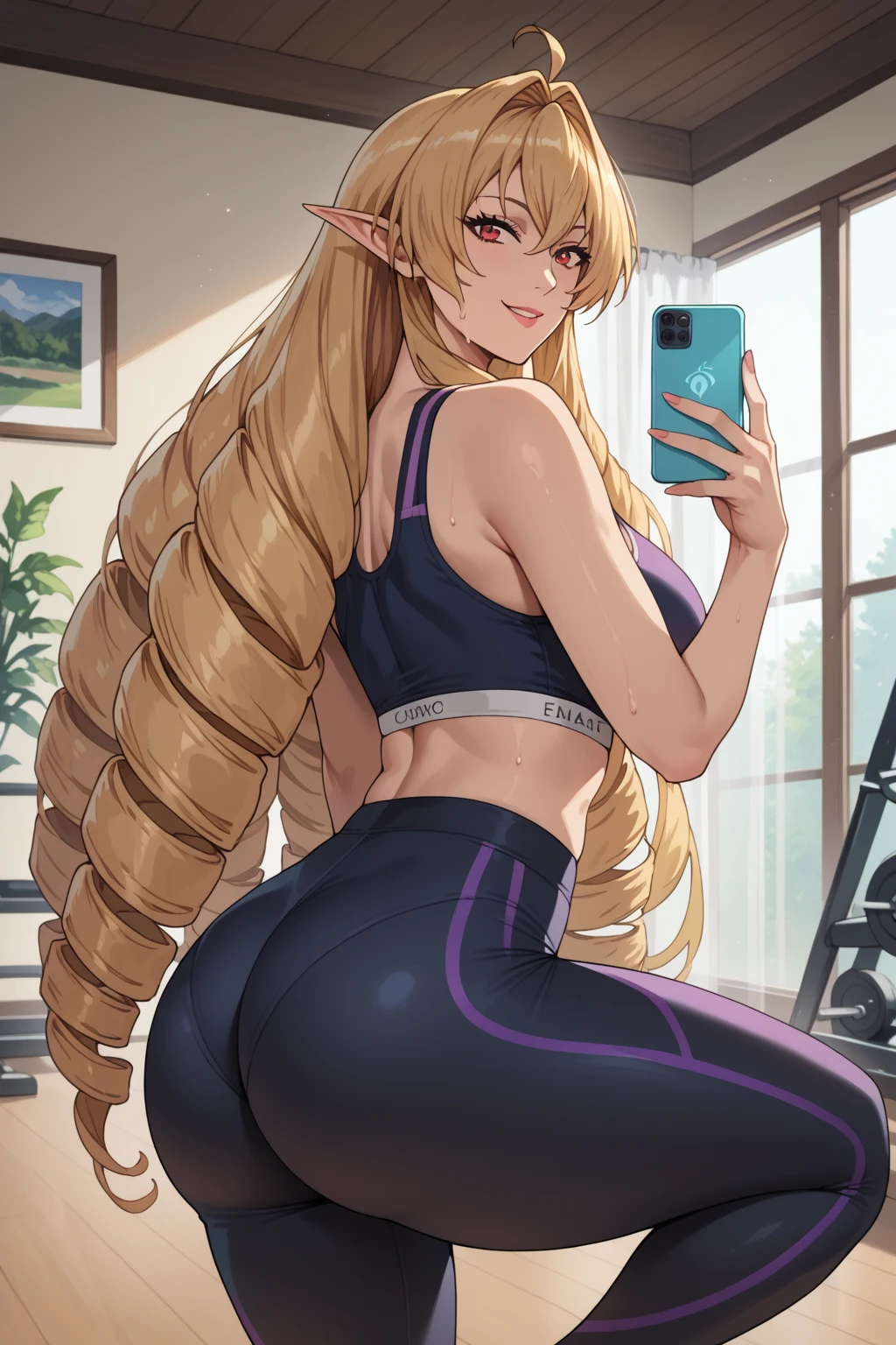 score_9, score_8_up, score_7_up, source_anime, elinalisedragonroad, 1girl, mature female, elinalise dragonroad, long hair, blonde hair, very long hair, ahoge, pointy ears, drill hair, red eyes, naughty smile, sexy suit, sports bra, yoga leggings, indoors, modeling pose, cellphone, taking selfie, sweating ,curvy figure, huge bubble ass, peachy ass, erotic scene, gorgeous woman,feet, camelote,