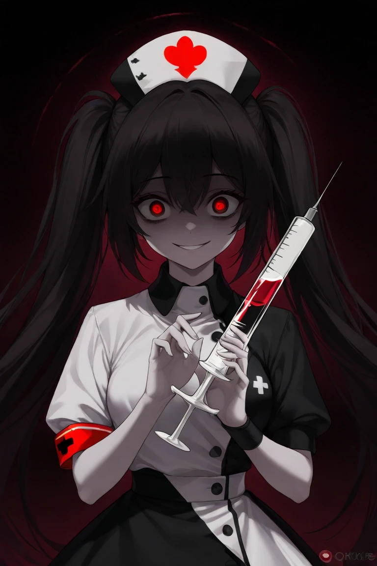 UHD, masterpiece, anatomically correct, super detail, high details, best quality, 8k,perfect beauty 1girl, dark gothic, drkgirl,nurse uniform,nurse uniform,nurse cap, crazy eyes, mismatched pupils, smile, anime style, retina,hug a large syringe, heart,newborn one small monster, madness, strange shape, she lovingly embraces the monster, Derelict Hospital,dark light,five fingers,perfect hands,perfect lighting,masterpiece,best quality,ultra detailed,8k portrait,unity 8k wallpaper,super fine illustration