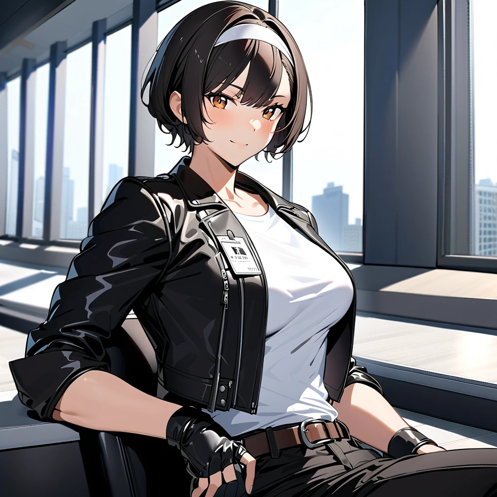 1 single female office worker, sitting in swivel chair, / dark skinned beautiful young woman, dark hair, short hair, slightly busty, wearing ((black leather jacket with arms rolled up over white T-shirt)), ((white headband)), fingerless gloves. Black pants, white shoes, brown belt. Black pants, white shoes, brown belt. /(ID card strap/), /(black hair/) bangs, gentle smile with blush on cheeks, (top quality masterpiece:1.2) super detail, large chest split with arms down /(modern office decor/), sitting in front in a high-rise with windows 