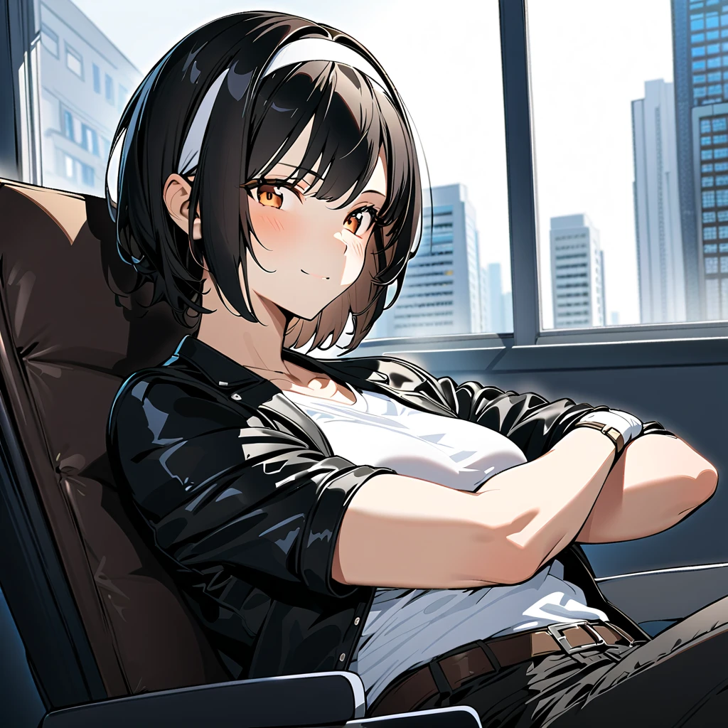 1 single female office worker, sitting in swivel chair, / dark skinned beautiful young woman, dark hair, short hair, slightly busty, wearing ((black leather jacket with arms rolled up over white T-shirt)), ((white headband)), fingerless gloves. Black pants, white shoes, brown belt. Black pants, white shoes, brown belt. /(ID card strap/), /(black hair/) bangs, gentle smile with blush on cheeks, (top quality masterpiece:1.2) super detail, large chest split with arms down /(modern office decor/), sitting in front in a high-rise with windows 