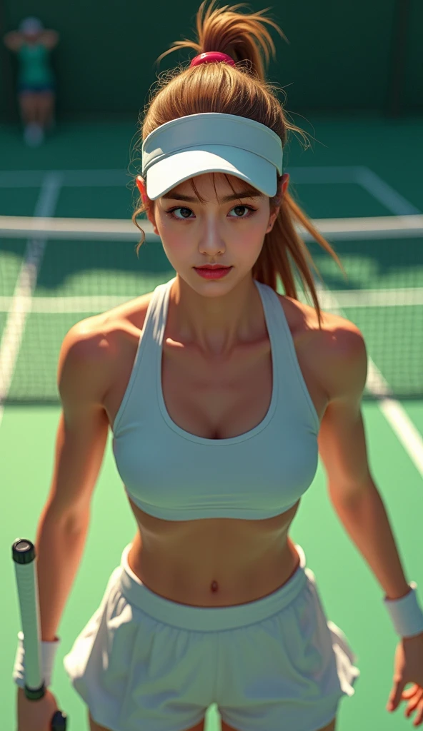 8k, highest quality, super high resolution, 1 woman, ponytail, 21 years old, (with a girl), most beautiful girl, tennis court, outdoor, full body, playing tennis, hitting the ball back, mouth slightly open , realistic, highly detailed CG integrated 8k wallpaper, highly detailed, high resolution RAW color photography, professional photography, realistic portrait, cinematic light, beautiful and detailed woman, 21 years old, (D Cup:1.1), (Best quality:1.4), Super detail, High quality, Table top, Cityscape, ((Masterpiece)), Top quality, Full body, Alone, Japanese woman, Tall body, Sexy body , Sexy, Seductive, Top Quality, Table Top, High Resolution, (Photorealistic:1.4), RAW Photo, 1 Beautiful Girl, Dynamic Angle, Female Tennis Player, Skirt, Small Head, Glowing Skin, Sweat, Tennis At the venue, (Beautiful face in detail: 1.4), Detailed skin, big eyes, fine hair, nice, beautiful, beautiful legs, holding a tennis racket in her hand,