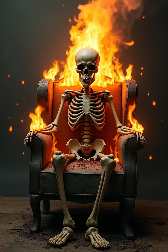 A skeleton fire sitting on new chair, smoking and cat listening. Dark horror