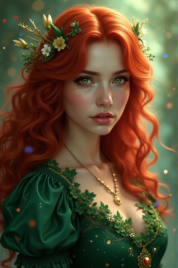 A woman of approximately 2. Her hair is red and wavy. has outlined curves. Your eyes are emerald green.