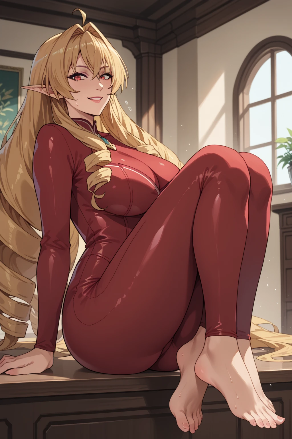 score_9, score_8_up, score_7_up, source_anime, elinalisedragonroad, 1girl, mature female, elinalise dragonroad, long hair, blonde hair, very long hair, ahoge, pointy ears, drill hair, red eyes, naughty smile, sexy suit,slutty clothes, indoors, modeling pose, sweating ,curvy figure, huge bubble ass, peachy ass, erotic scene, gorgeous woman,feet, camelote,