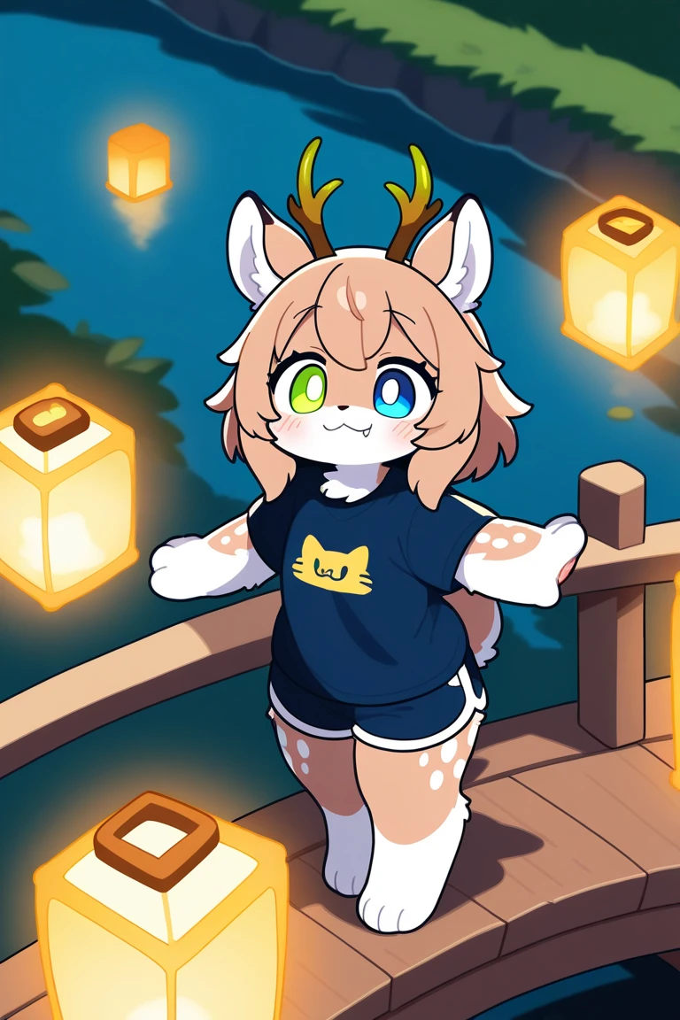 Kemono girl, kawaii, deer ears, paw beans, light brown fur with white spots on shoulders, antler buds, short messy chestnut hair, green eye, blue eye, heterochromia, :3, fang, fang out, wearing a cute shirt, shorts, standing by a wooden bridge over a stream, glowing lanterns, evening tranquility, full body, from above