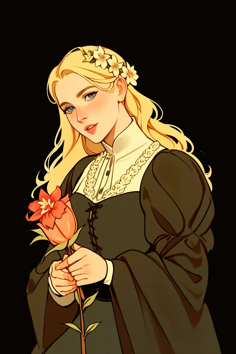 score_9, score_8_up, score_7_up, score_6_up, score_5_up, score_4_up, woman, medieval clothing, long blonde hair, holding a flower, illustration