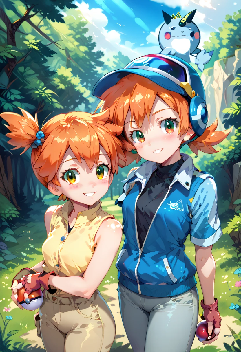 Character Misty_pokemon , Berry Short,Orange Hair, one side up hair ,Big green eyes,Small breasts ,Skinny .pokemon. blue jacket, track jacket, popped collar, black shirt, short sleeves, grey pants, jeans, denim, black gloves, fingerless gloves, PokeBall ,different expression, satoshi's outfit .masterpiece, best quality, highres,
SoraDef, 1girl, solo, blush, smile, short hair, orange hair, helmet, orange eyes, digimon,
yellow shirt, shirt, sleeveless, pants, jeans, red gloves,
cowboy shot, looking at viewer, standing at attention, outdoors, grass, field, forest, sunlight, sky, blue sky, 2 girls , two girls 