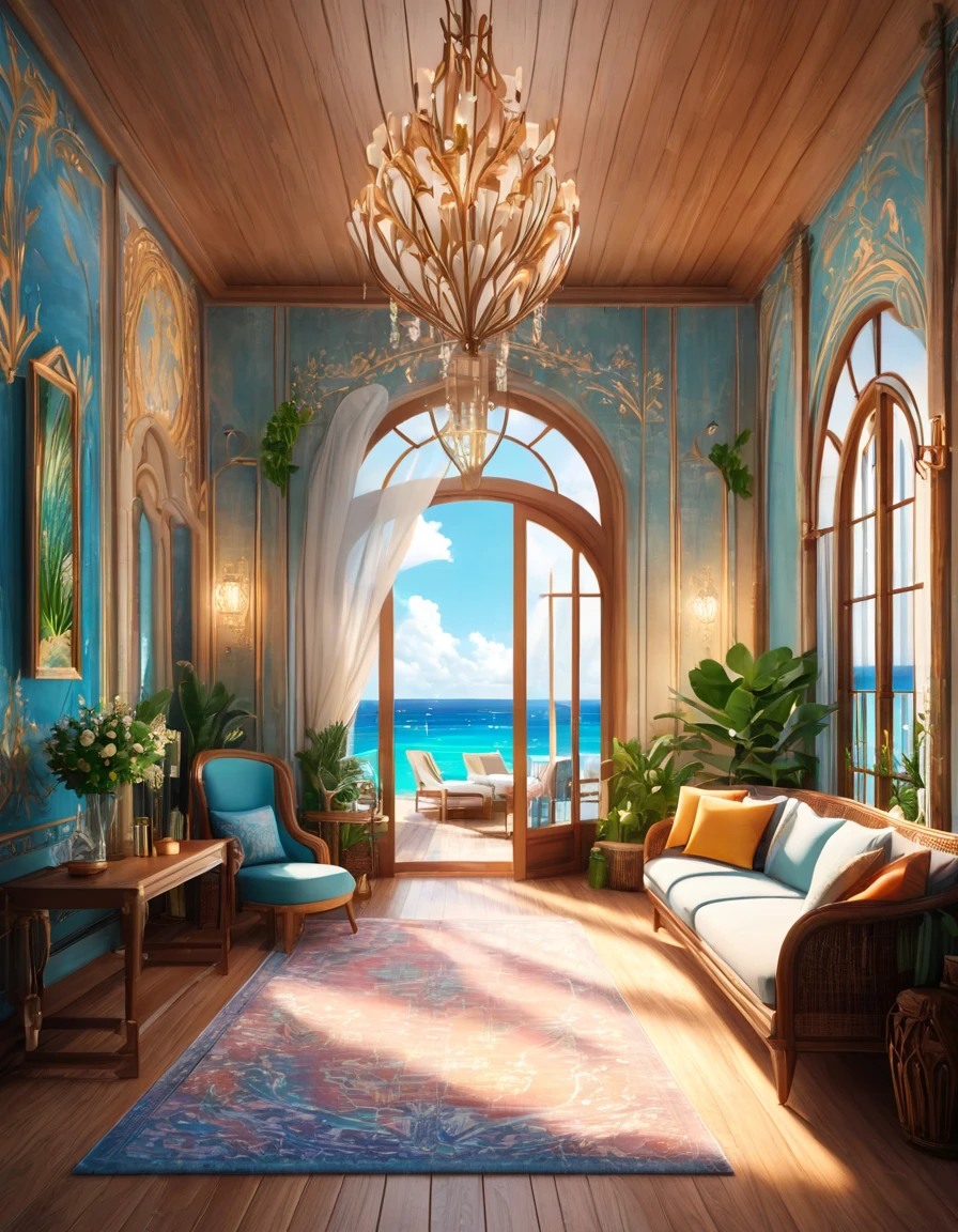  there is a room with lots of furniture and a large window,  relaxing concept art ,  cozy and peaceful atmosphere ,  Relaxing atmosphere ,  Relaxing atmosphere ,  Luxurious furnishings ,  cozy atmosphere, disney fantasy style , pleasant  cozy atmosphere,  dreamy atmosphere , , cozy cafe background,  cozy atmosphere ,  concept art amazing atmosphere ,  cozy atmosphere,  Magical atmosphere , on the ocean, летняя обстановка  realistic image, masterpiece,  artwork ,  hyperrealistic, rendering ,  realistic physical rendering ,  photorealistic rendering ,  highly detailed ,  high-quality render ,  architectural rendering ,  very realistic 3D render ,  realistic image,