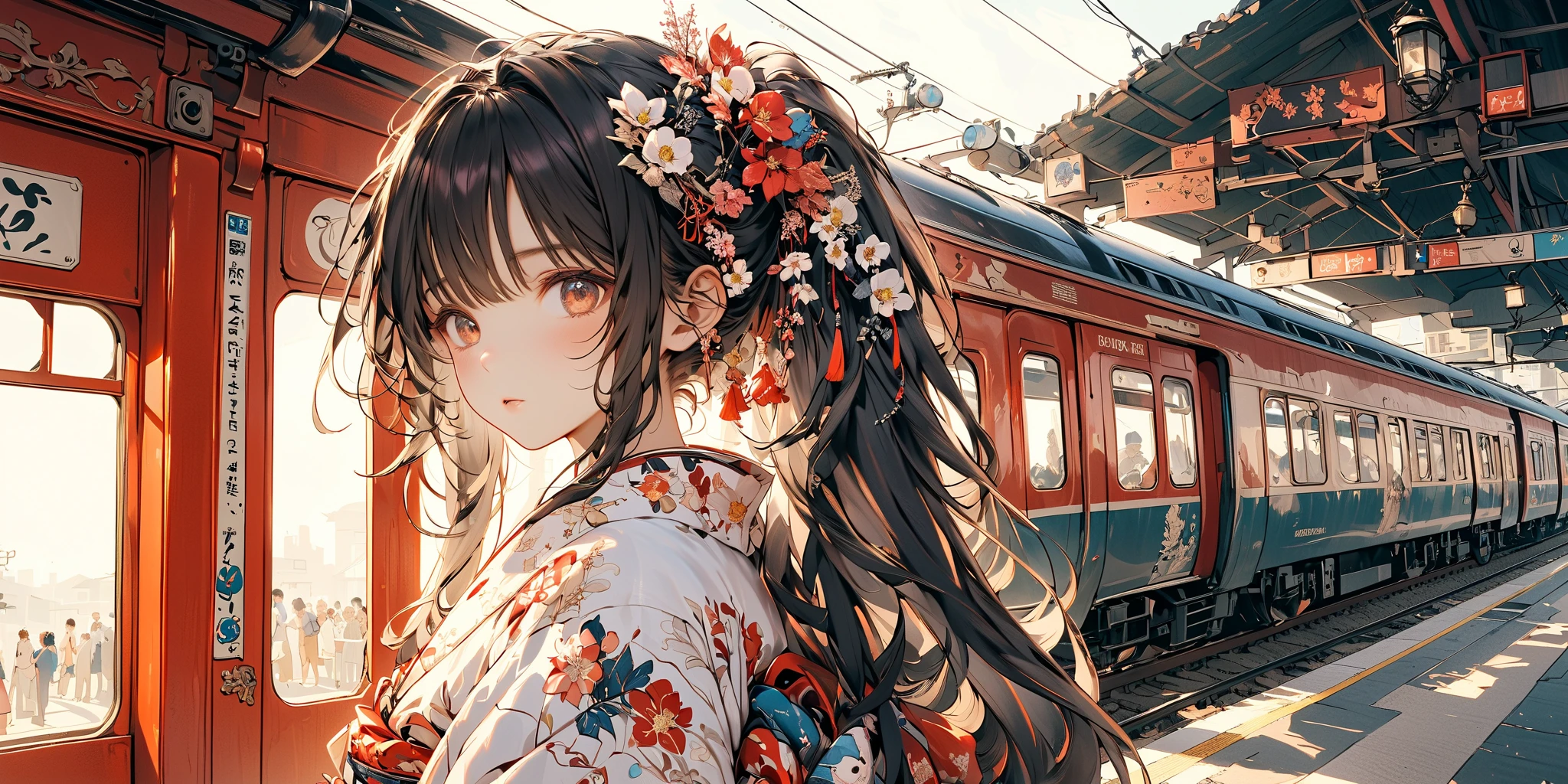 (very crowdy station:1.6),(Overcrowded crowds:1.2),(people wearing kimono for New Year's Celebration),solo,1girl\(cute, kawaii,small ,black hair with blue dip-dye hair,pony tail hair,long hair,brown eyes,big eyes,waiting for train,head phone,JK,beautiful kimono,looking away,boring\). BREAK .background\((train),(trainstation:1.3) in the future,\),long shot,wide shot,from side. BREAK .quality\(8k,wallpaper of extremely detailed CG unit, high resolution, top-quality, top-quality real texture skin, hyper realistic, increase the resolution, RAW photos, best quality, highly detailed, the wallpaper, golden ratio, high saturation realism, vibrant colors, dramatic lighting, persuasive storytelling, atmospheric scenery, captivating visuals, intricate details, strong emotions, dreamlike world\),landscape,focus on the trainstation