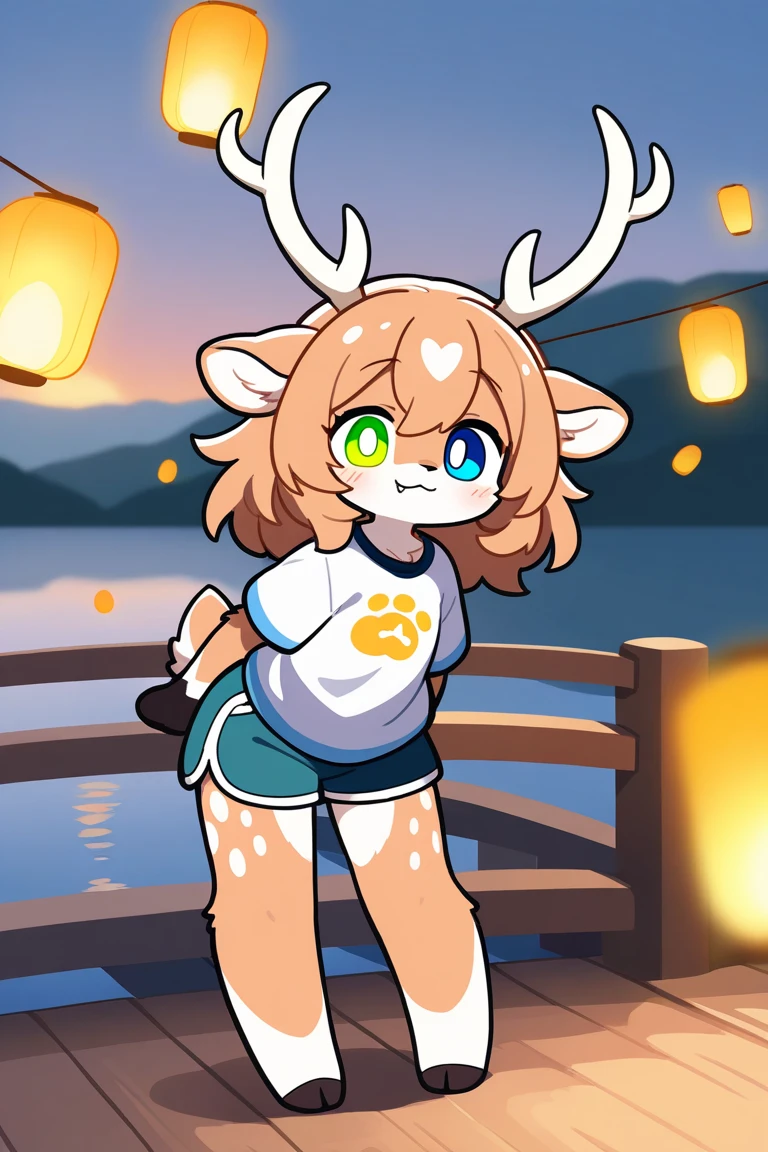 Kemono girl, kawaii, deer ears, paw beans, light brown fur with white spots on shoulders, antler buds, short messy chestnut hair, green eye, blue eye, heterochromia, :3, fang, fang out, wearing a cute shirt, shorts, standing by a wooden bridge over a lake, glowing lanterns, evening tranquility, full body