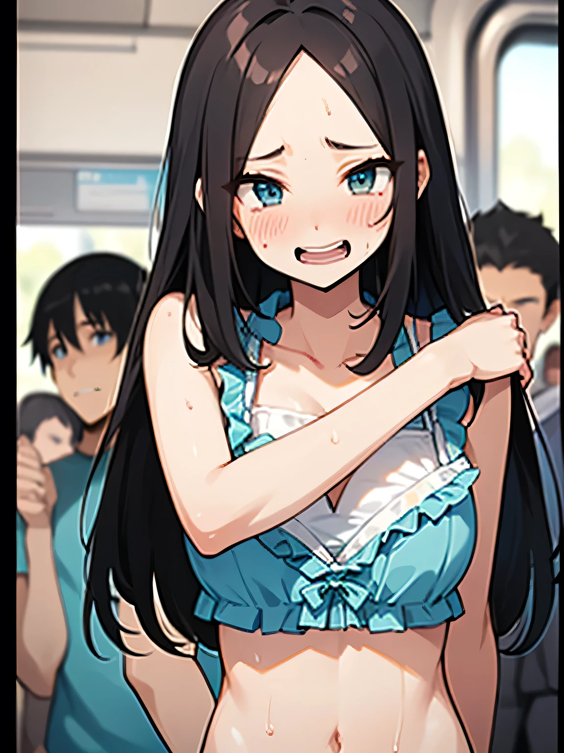   from the front  ,(Leaning forward:1.3), 1 girl,Age 30,(black, thin, straight hair ),Large forehead, clinging to train railings,Under the arms, (  present:1.3),( look at the viewers), ( train interior :1.3),( crowded train :1.3),
 upper body,( sexy ruffled white bra :1.3),
,Bust size change, ( Grasp your chest tightly), ( boys, hugging from behind:1.5)
,(frown:1.2),tears,(Sexy open mouth:1.3), sexual arousal:1.2 ( embarrassing,:1.2),(Desperate surprised face:1.1),sweat,(anger:1.2)