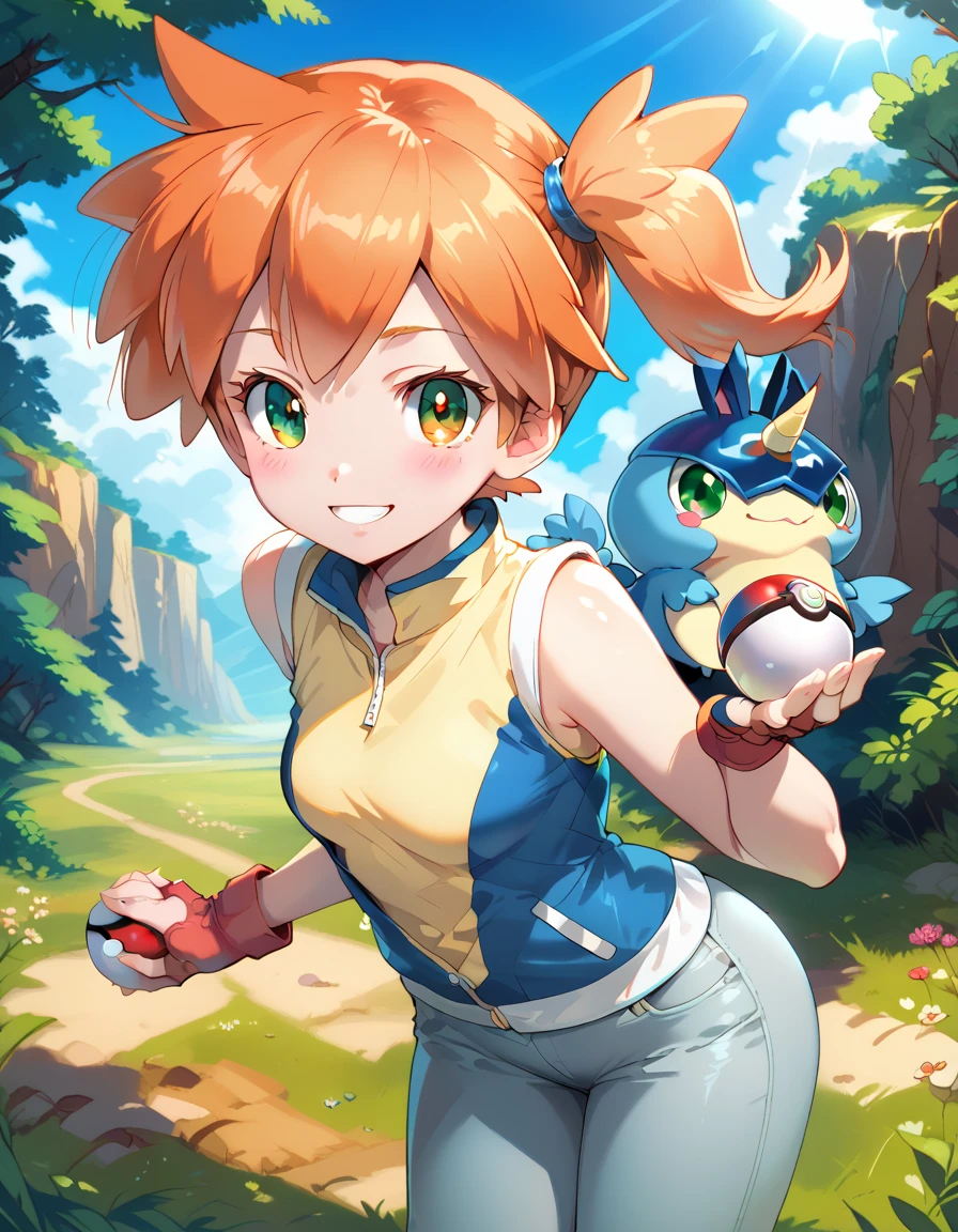 Character Misty_pokemon , Berry Short,Orange Hair, one side up hair ,Big green eyes,Small breasts ,Skinny .pokemon. blue jacket, track jacket, popped collar, black shirt, short sleeves, grey pants, jeans, denim, black gloves, fingerless gloves, PokeBall ,different expression, satoshi's outfit .masterpiece, best quality, highres,
SoraDef, 1girl, solo, blush, smile, short hair, orange hair, helmet, orange eyes, digimon,
yellow shirt, shirt, sleeveless, pants, jeans, red gloves,
cowboy shot, looking at viewer, standing at attention, outdoors, grass, field, forest, sunlight, sky, blue sky, 2 girls , two girls 