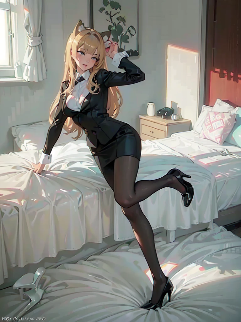 sexy secretary, (cat ear), (((heels on bed))), (((girl wear high heels and standing on bed))), (((big boobs))), (10cm pointy heels, pointy head heels), (best quality:1.4), (ultra highres:1.2), (photorealistic:1.4), (8k, RAW photo:1.2), (((stepping on magazines))),  a pair of ggx heels, (looking at viewer:1), (full body),  solo, long hair, blonde hair, (((half of heels sink into bed))), in hotal room, photoshooting, pantyhose, dancing on bed,  