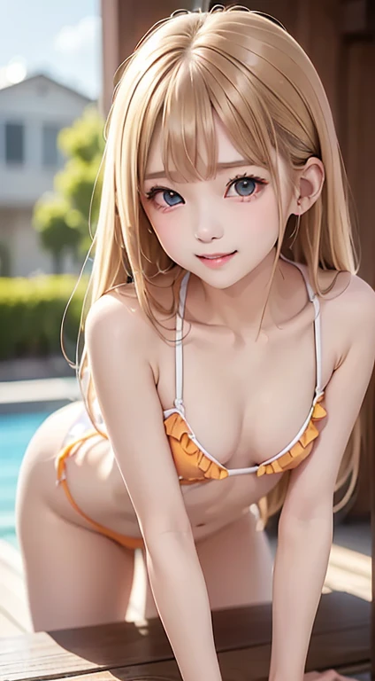 ( A very beautiful cute girl ), ( very cute face :1.2),, Junior high school students, ( Clear and Attractive Big Eyes Like Sparkling Crystals), Great looks,  beautiful detailed eyes ,  Detailed Double Eyelids , (smile), ( Realistic Pictures:1.2), (Beautiful Bangs,  beautiful blonde long hair :1.2), cute latest orange bikini swimsuit with ruffles ，  slim figure ，(((  small breasts:1.2))), かわいいの水泳選手, Teen, baby face, Teen, ，smile， erect nipples , smile,  watching the audience、  wet skin  、((ランダムな  sexyポーズ、Deep joy, Intoxicated Eyes:1.2)),  sexyなオレンジフリルオフショルダービキニ, ( Ultra Shiny Ruffled Bikini Swimsuit  :1.2), ( wet and glowing orange ruffle bikini swimsuit  ,  Wet and See-through ),  erect nipples , smile, (  pose with your butt facing the camera  、Stick your ass out))、Crawling pose、  Seductive Poses 、  sexy, (  poolside ),