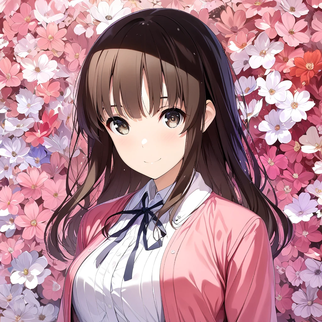 (masterpiece),(best quality),(ultra-detailed),(best illustration),(best shadow),(absurdres),(detailed background),(very aesthetic), megumi katou, 1girl, solo, brown hair, smile, flower, brown eyes, looking at viewer, bangs, sleeveless, jacket, long hair, pink jacket, ribbon, petals, dress 