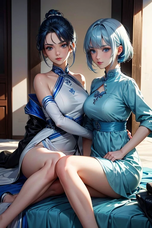(1 Girl Solo, 1 Sexy Woman, Blue Hair, Bub Cut, Flower Pattern Cheongsam, CowBoy Shot:1.4), (selfie:1.8), (garden, depth of field:1.2), Earrings, Smile, ((cleavage, Detailed Eyes, textured skin)), ((Anatomically Correct:1.3)), (Extreme-Close-Up:1.2), Lim Lighting, Cinematic Light, Look at viewer, (Futuristic Portrait), no futuro telhado de luz neon, SSCI - FI e Fantasia, intrincado e muito bonito e elegante, altamente detalhado, pintura digital, art-station, arte conceitual, smooth and sharp focus, illustration, Arte de Tan Zi e Ayanamikodon e Alphonse Mucha e Wlop