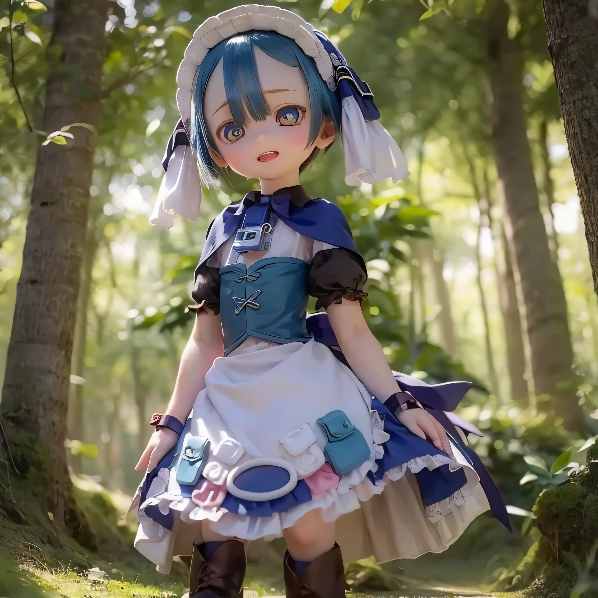 (            best quality ,             kampala   ,       Masterpiece   :1.2),            very detailed  ,Realistic:1.37,          Made in Abyss ,(            best quality ,   , 4K,             very detailed  ,       Masterpiece   :1.2), Realistic,      ,           bright color,     Concentration      ,             studio lighting   ,             very detailed   explanation,  Professional , Anime, Shades of blue,          natural light,            girl, Blue Curly Hair,             flat chested, Gothic Costume,        Innocent expression          ,                    Elegant Appearance                   ,                has long eyelashes  ,      Expressive Eyes                ,          Rosy Cheeks,           soft lighting      ,           dreamy atmosphere     ,    I used a lot of gothic lolita clothes that showed legs with high resolution、(((Cute standing pose  )))  (((((whole body)))))    、        dress     、(((((Chibi))))) laughs