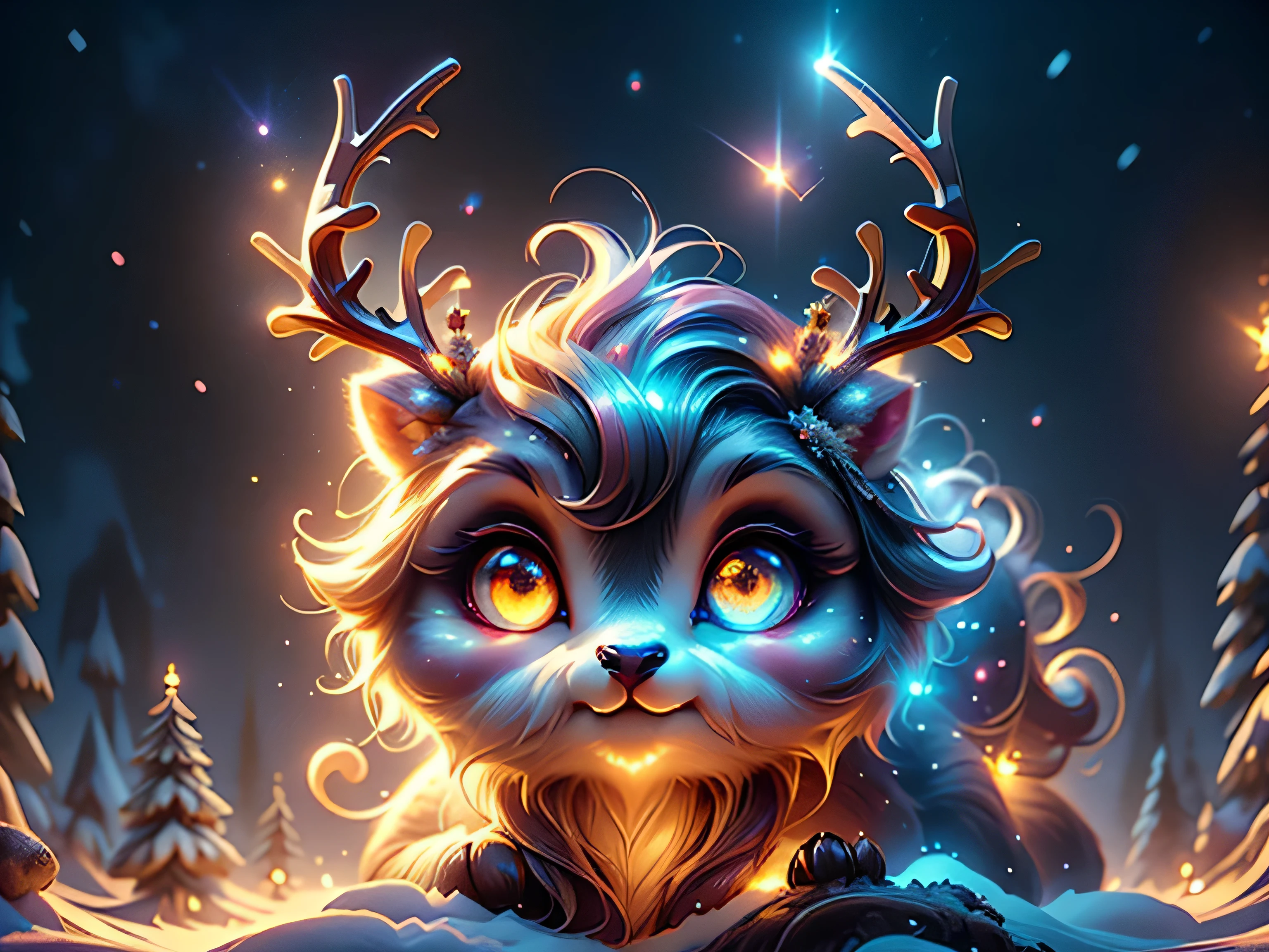 masterpiece, best quality, 4K, 8K, ultra detailed background, delicate pattern, complex detailed background, studio lighting, colorful back light, depth of field, fantastic, sky, star, AuroraStyle, (cute, kawaii:1.4), (wide angle view:1.4), full shot, golden skin,
(mythical beast of reindeer appearance:1.4), view from a 45-degree angle, (face to camera, looking at camera:1.4),   
(glowing eyes, shine eyes:1.4), (yellow eyes, big and round eyes:1.3),(robust reindeer:1.3), glowing reindeer, stylish pose, cinematic angle, Jewelry, necklace, long reindeer antlers, (hairy, extremely long hair:1.3), at cliff edge, 
Christmas tree,Christmas decoration, snow, snowing, SnowStyle, SugarCookieStyle, cool movement, beautiful detailed glow,dynamic composition, yellow back light