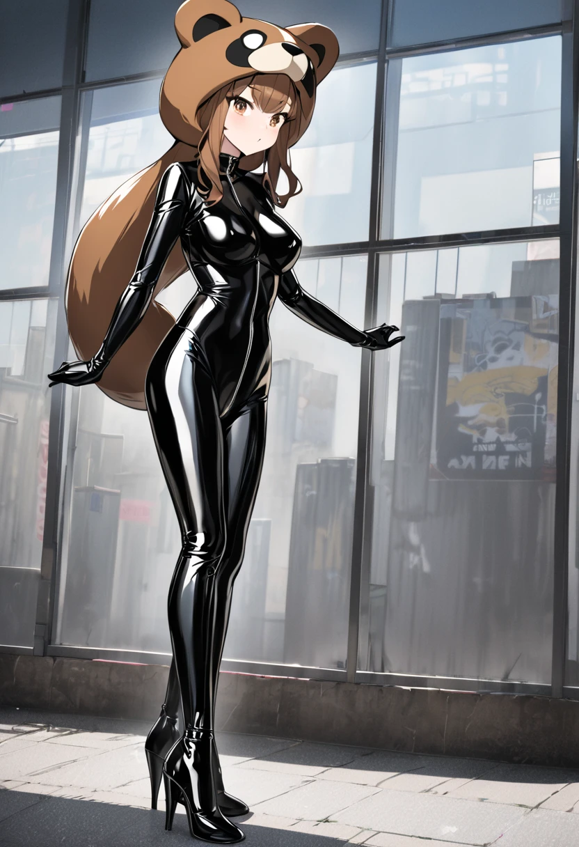 ((masterpiece, best quality)),very detailed, simple eyes,medium breasts,standing,lisa imai,1girl,smile, earrings, full_body, grey jacket, jewelry, long_hair, looking_at_viewer, superhero, leotard, bare legs, boots, matching boots, stand, standing, highleg, hand on hip, city backdrop,