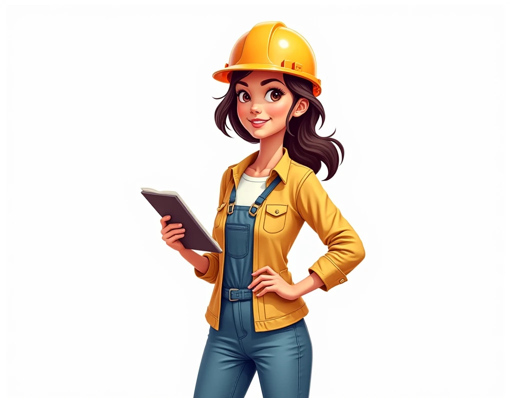 Create illustration of young engineer with helmet and notebook in her hand on white background