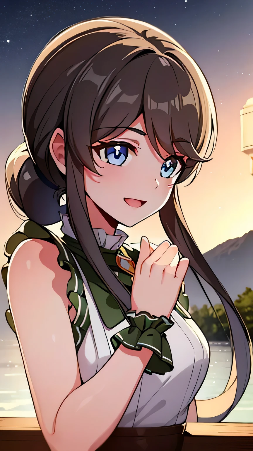 quality, masterpiece, highly detailed, 8k, masterpiece, tilly wimbledon, sleeveless, 1girl, smile, open mouth, blush, detailed face, detailed eyes, medium breast, blue eyes, top of mountain, night, moon, armpit, (long ponytail hair), hands up