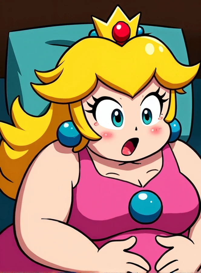  princess_peach, 1girl, solo, blonde hair, blue eyes, pink dress, white gloves, earrings, long hair, jewelry, elbow gloves, gloves, blush, puffy short sleeves, crown, dress, short sleeves, puffy sleeves, , moisesgrafic_style, cleavage, big lips, open mouth, tongue, tongue out, big tongue, saliva, drooling, pov, looking at viewer