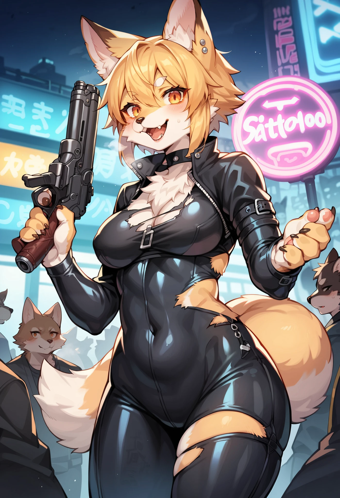3girls, massive breasts and hips and butt, any outfit, any fur color and pattern [all colors and patterns allowed], any eye color and pupils [heterochromia allowed], any location, night, any pose, doing anything, sci fi weapon, perfect body, doing anything and any pose, slimecat, adult